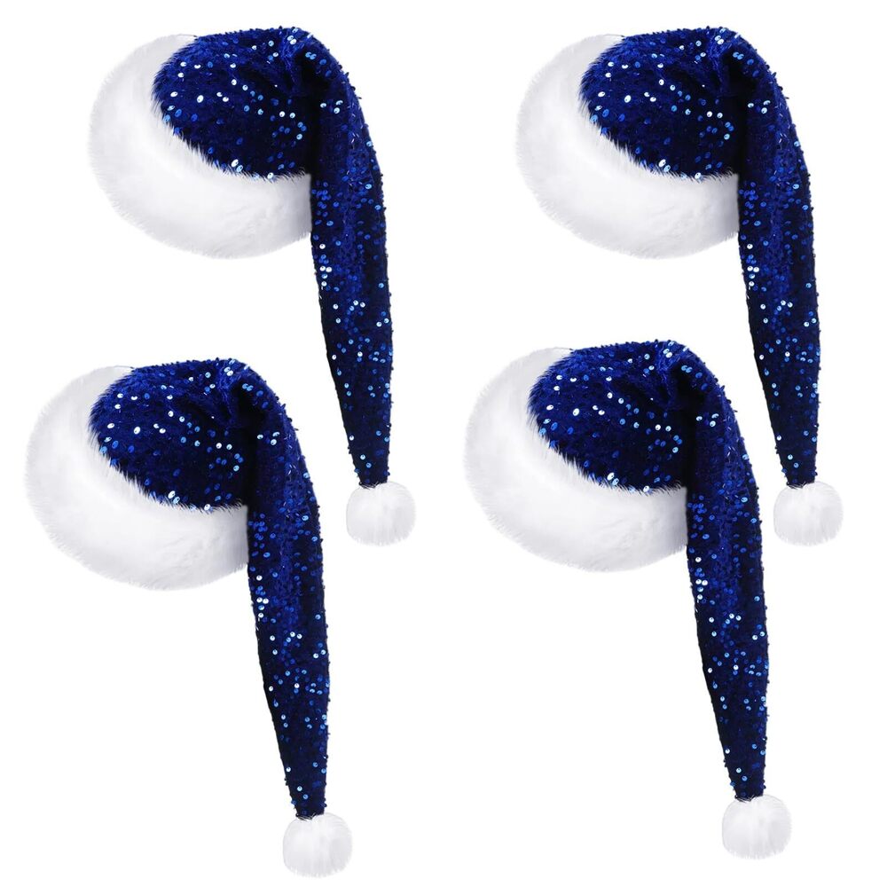 1612 4 Pcs Santa Hats Shiny Sequin Christmas Hat with Plush Brim Thicken